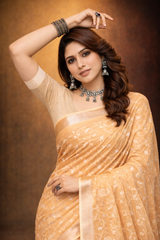 Orange linen saree with floral design