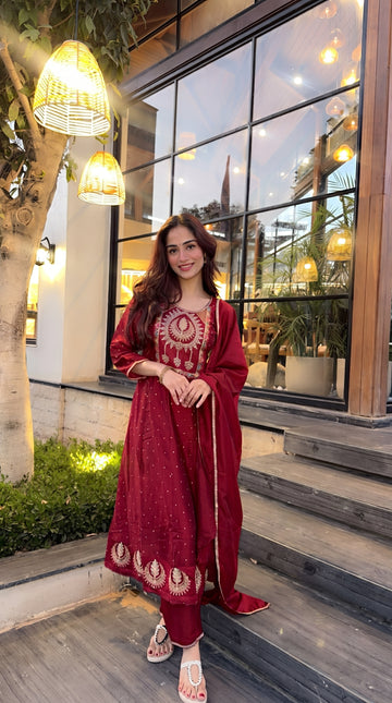 Maroon Silk Embroidered Stitched Suit