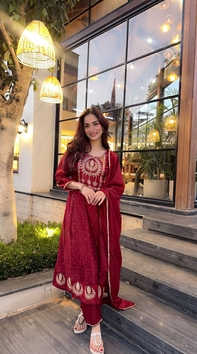 Maroon Silk Embroidered Stitched Suit