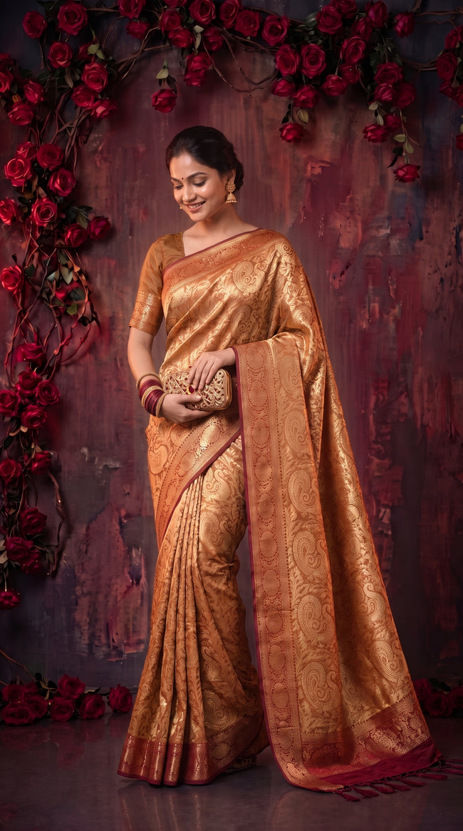 Orange Banarasi Silk Saree With Peacock Zari Work