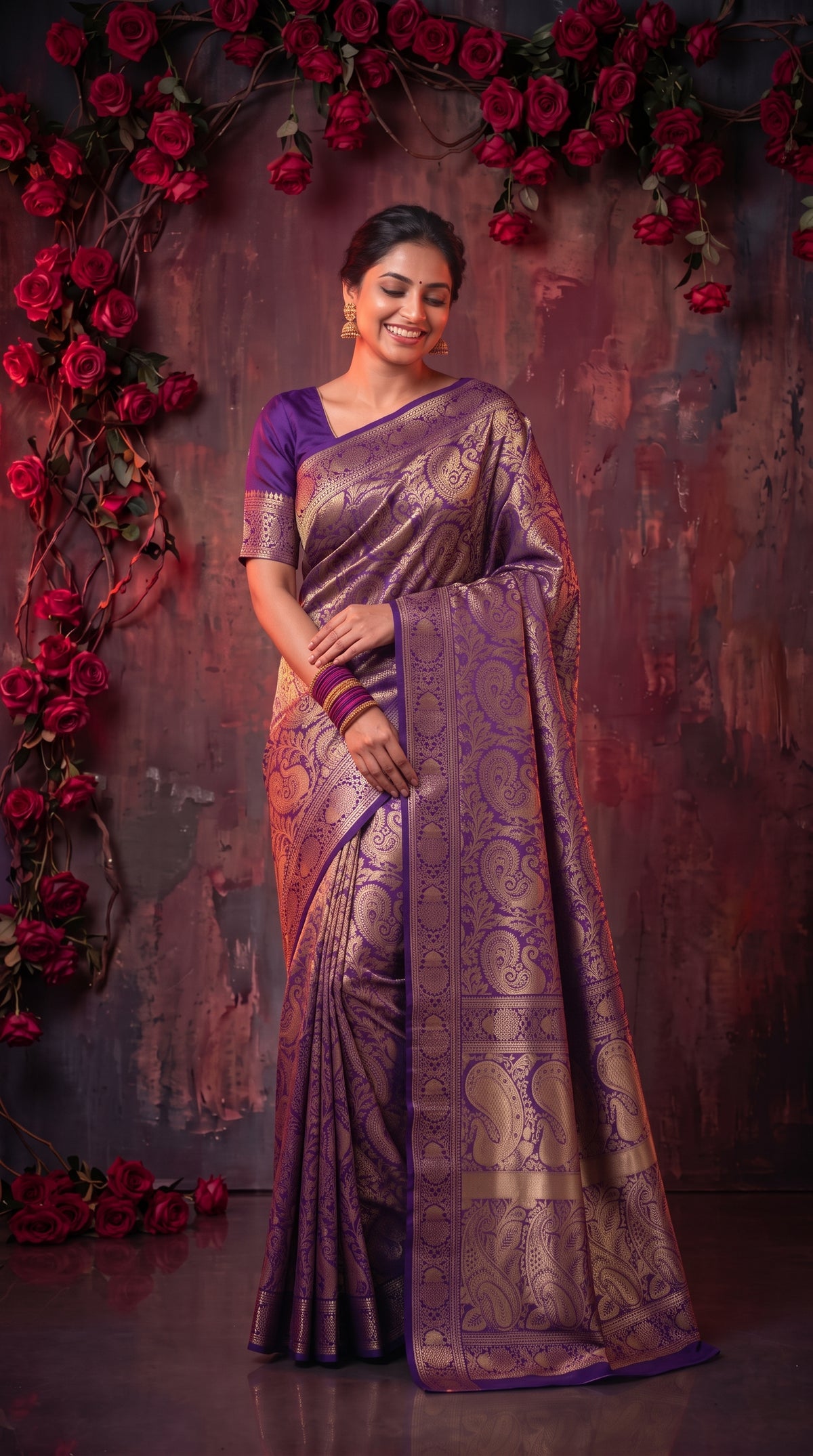 Purple Banarasi Silk Saree With Peacock Zari Work