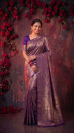 Purple Banarasi Silk Saree With Peacock Zari Work