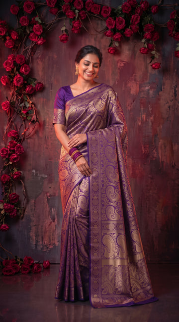 Purple Banarasi Silk Saree With Peacock Zari Work