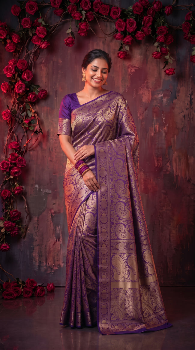 Purple Banarasi Silk Saree With Peacock Zari Work