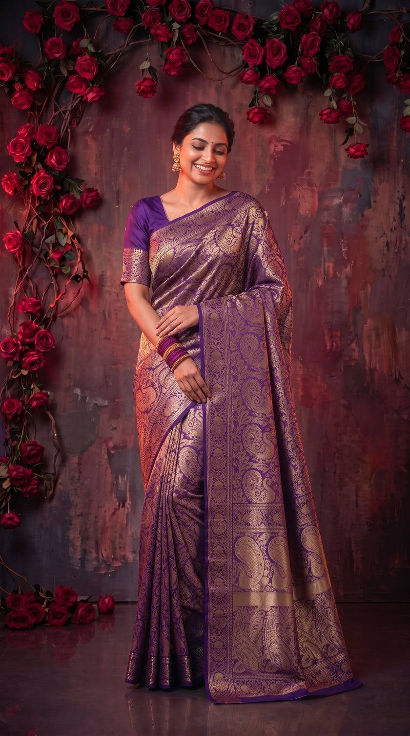 Purple Banarasi Silk Saree With Peacock Zari Work