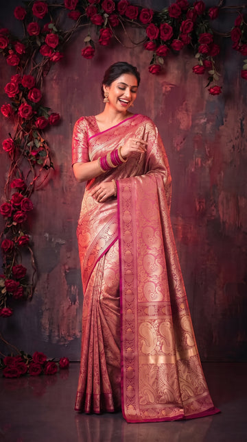 Pink Banarasi Silk Saree With Peacock Zari Work