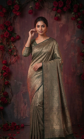 Mehendi Green Banarasi Silk Saree With Peacock Zari Work