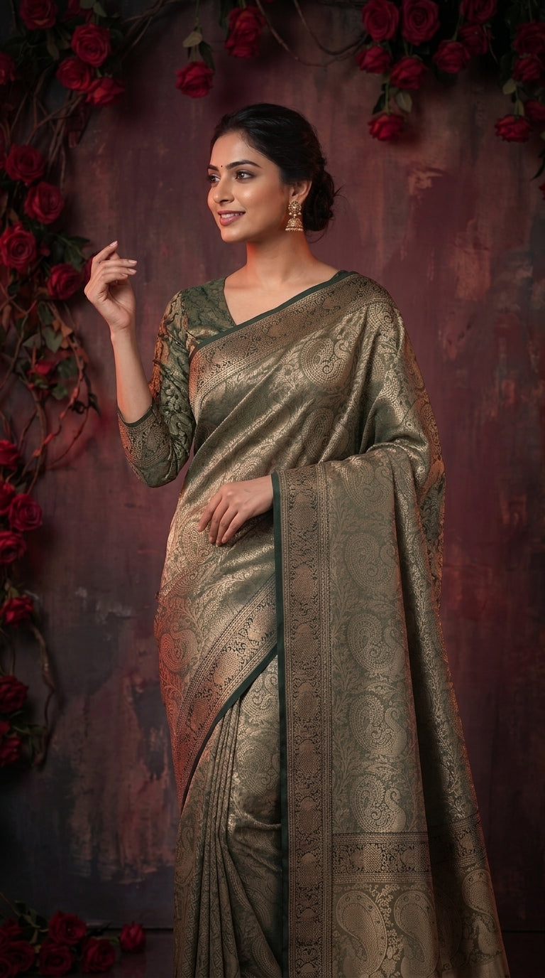 Mehendi Green Banarasi Silk Saree With Peacock Zari Work