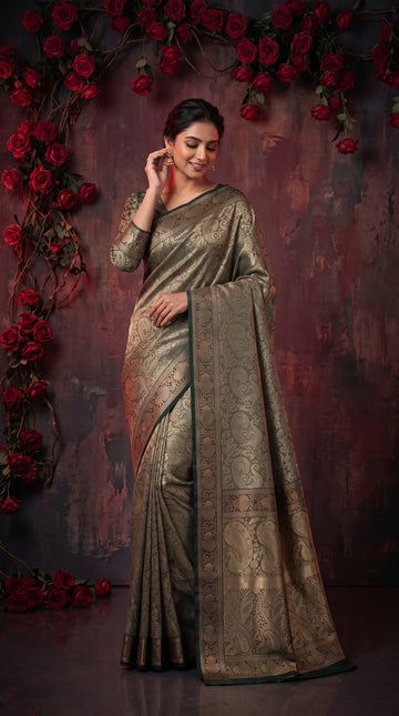 Mehendi Green Banarasi Silk Saree With Peacock Zari Work