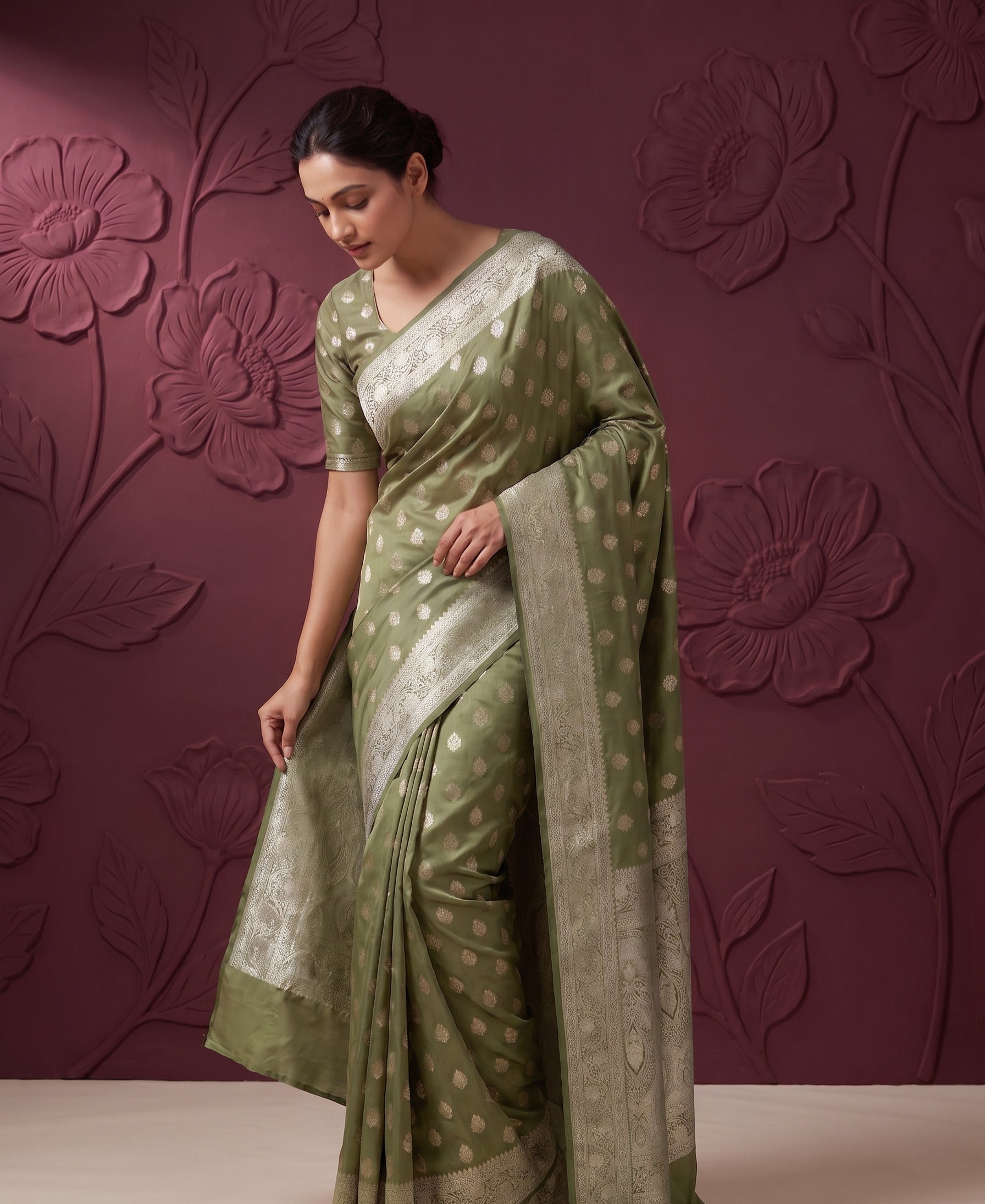 Light Green Satin Silk Banarasi Weaving Saree