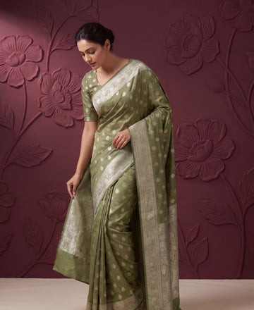 Light Green Satin Silk Banarasi Weaving Saree