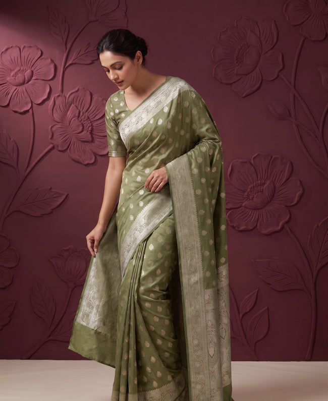 Light Green Satin Silk Banarasi Weaving Saree