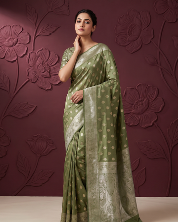 Light Green Satin Silk Banarasi Weaving Saree
