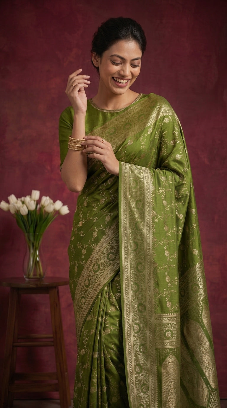 Olive Green Banarasi Work Satin Silk Saree