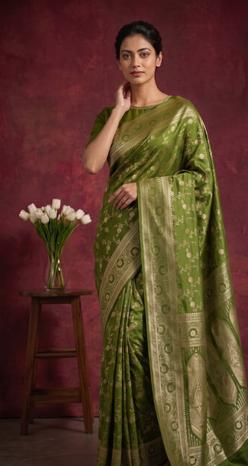 Olive Green Banarasi Work Satin Silk Saree
