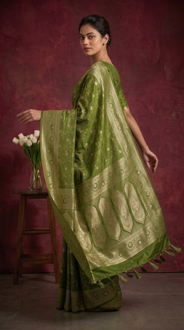 Olive Green Banarasi Work Satin Silk Saree