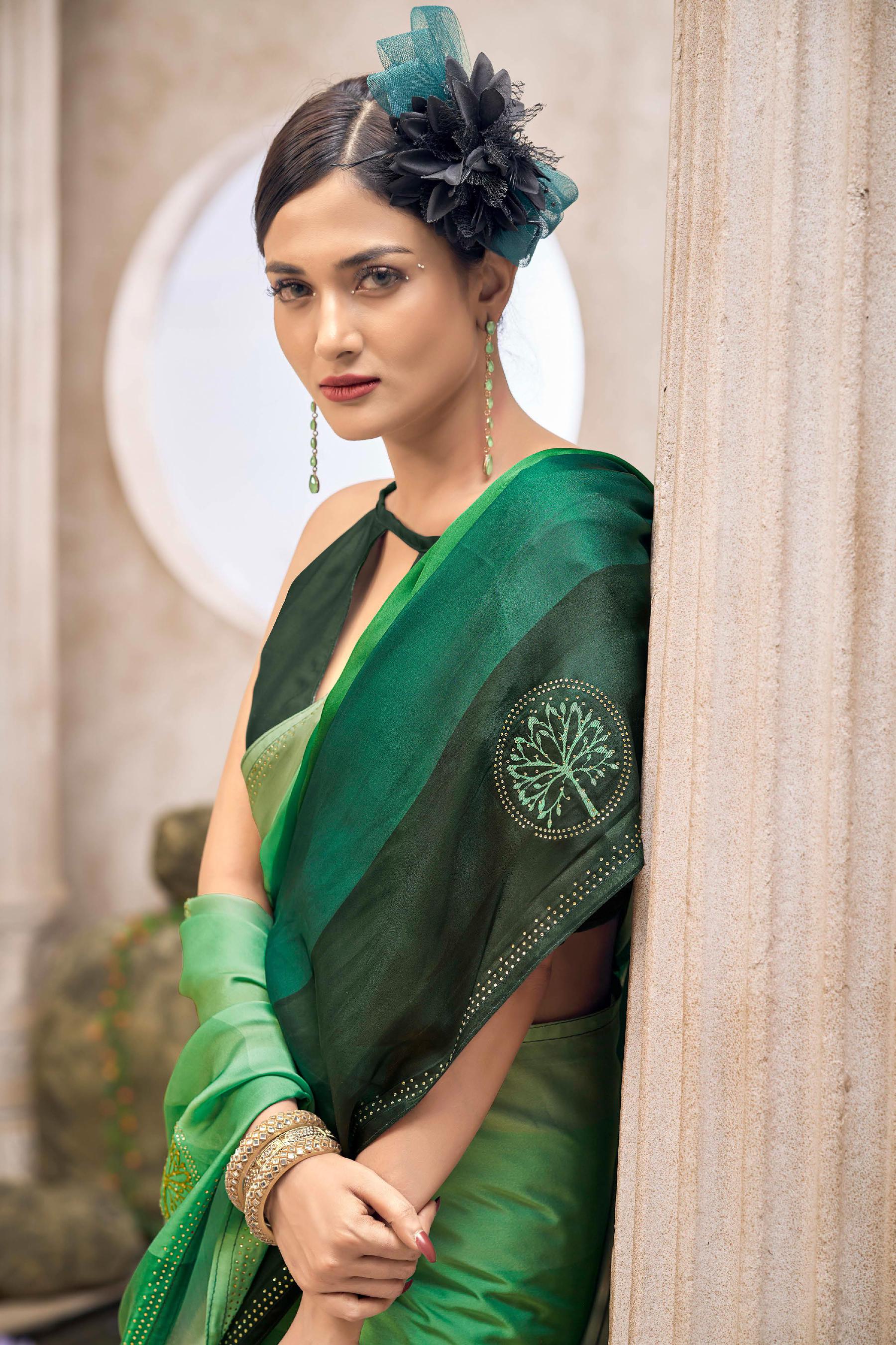 Green Bollywood Satin Saree