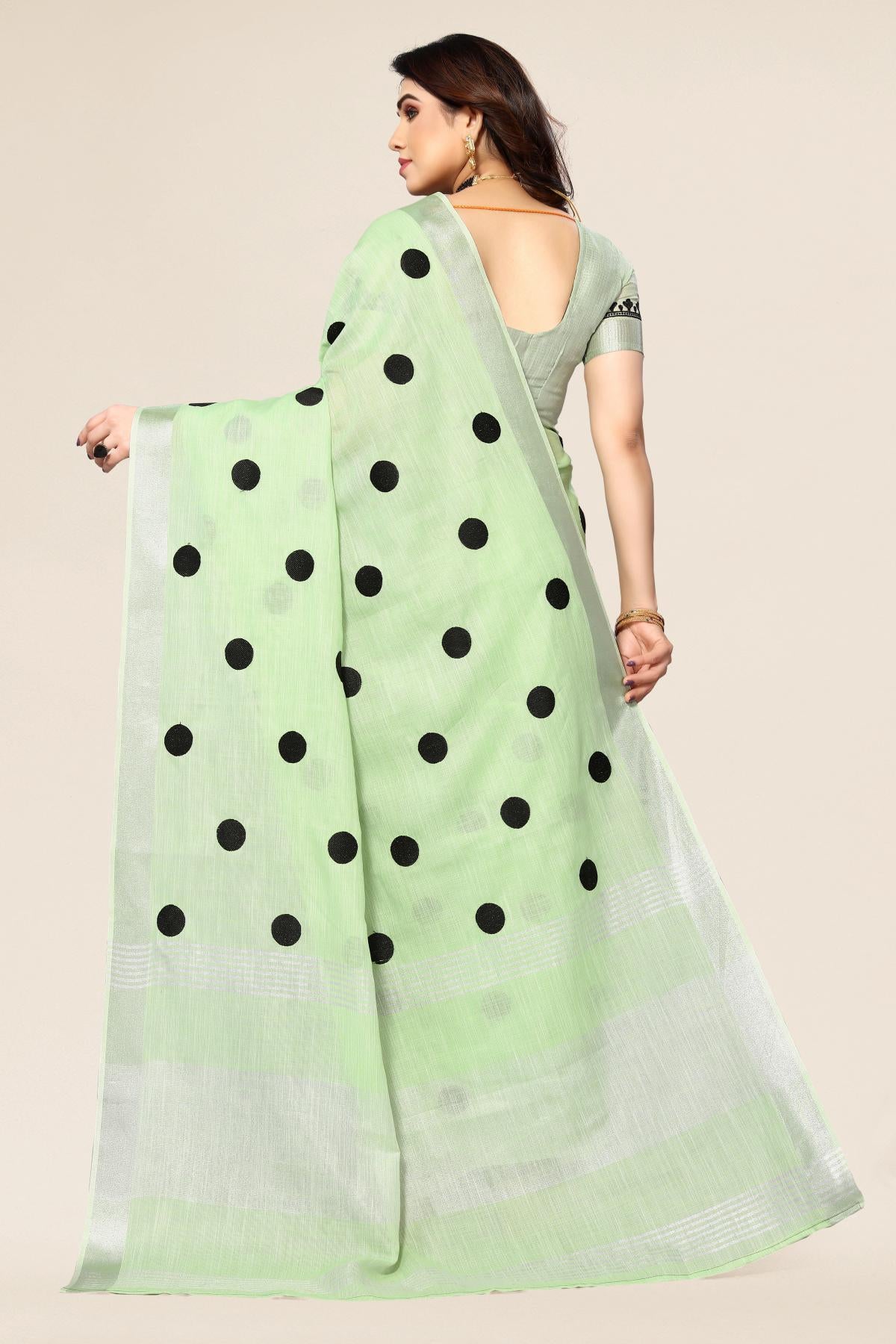 Green Colo Linen Saree With Polka Dot Saree Design
