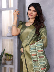 Green Color Cotton Khadi Silk Saree with Sequence Work