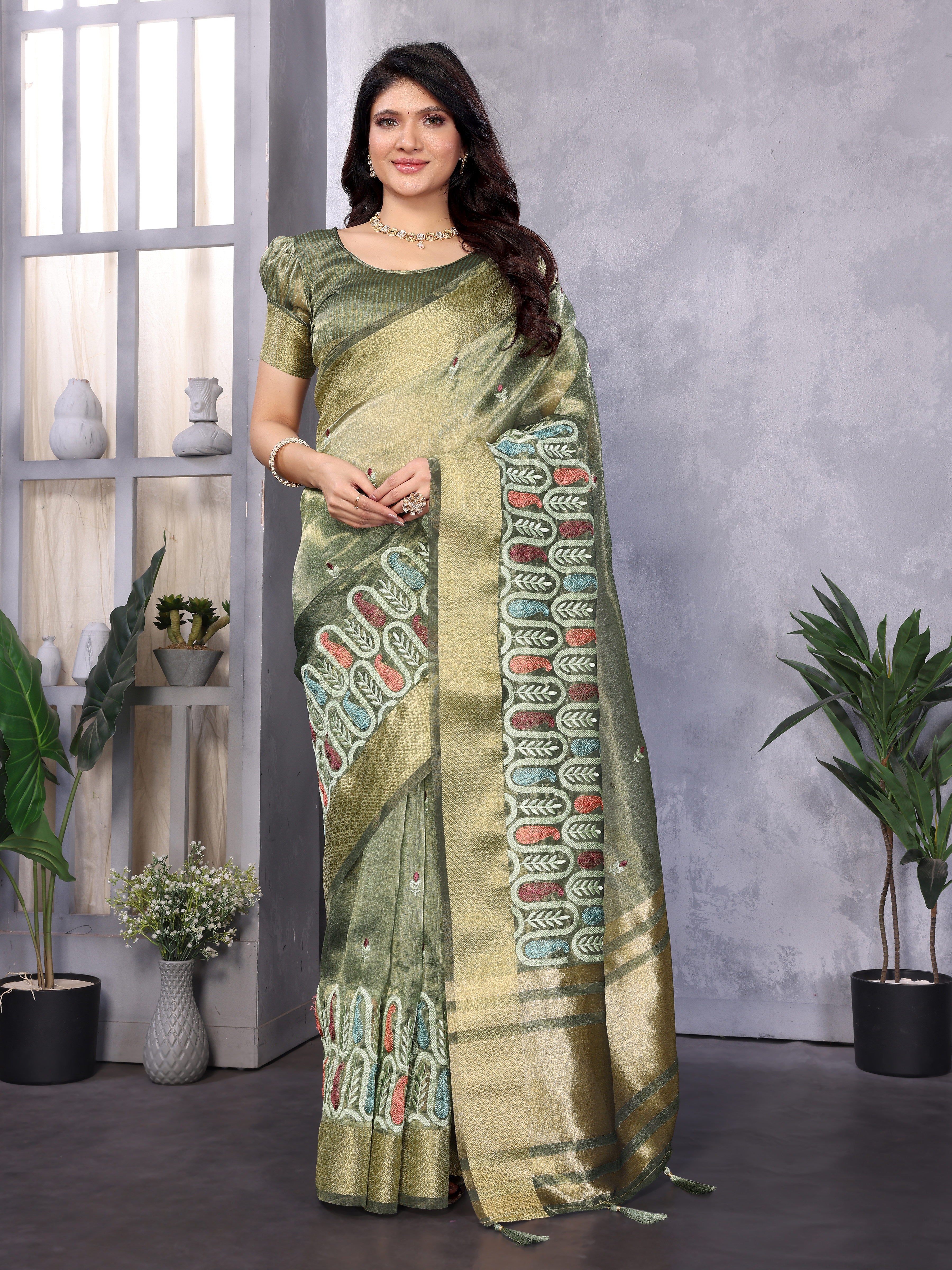 Green Color Khadi Cotton Silk Saree With Work Design For Women