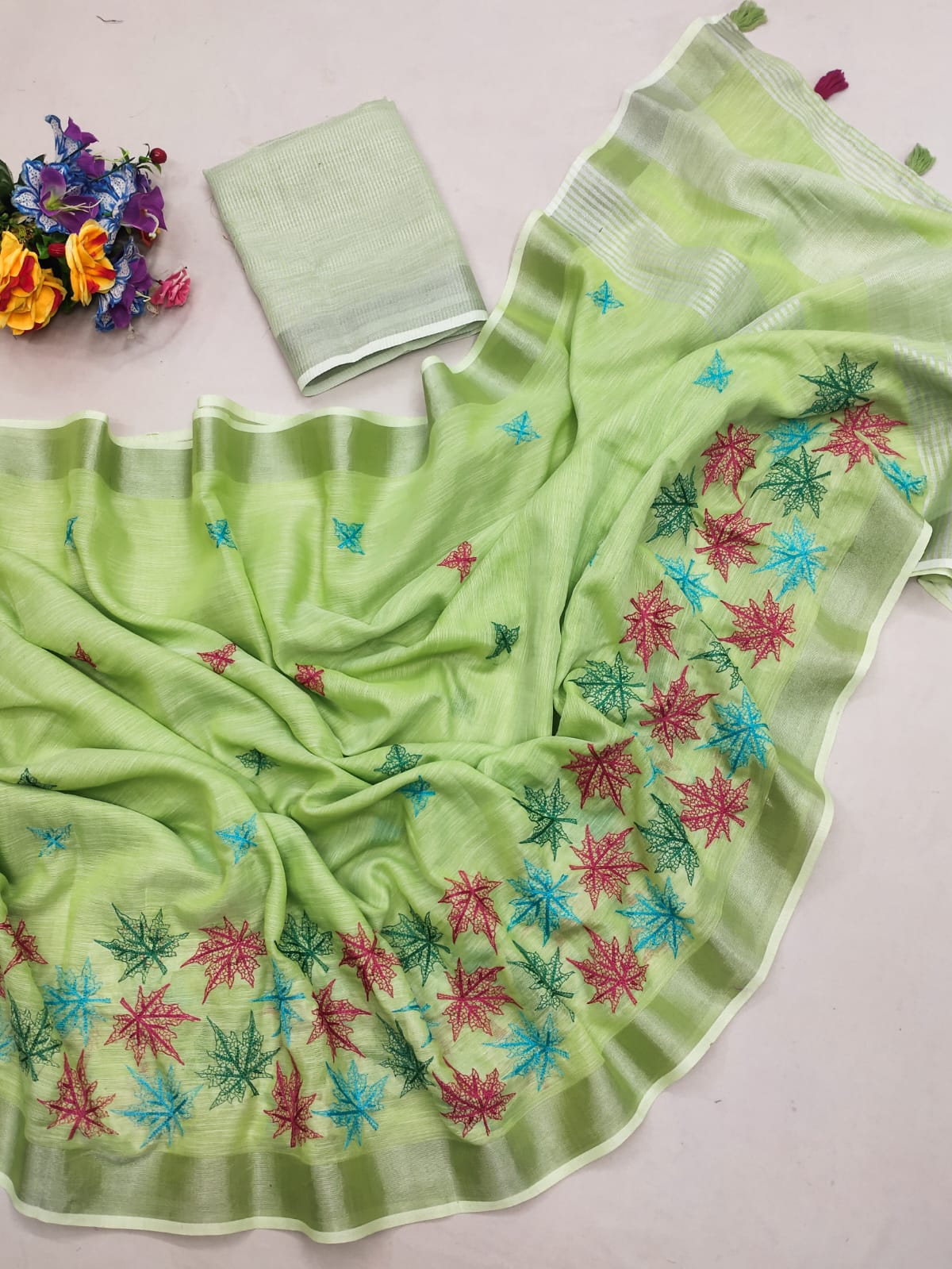 Green Color Linen Embroidery Work With Floral Work