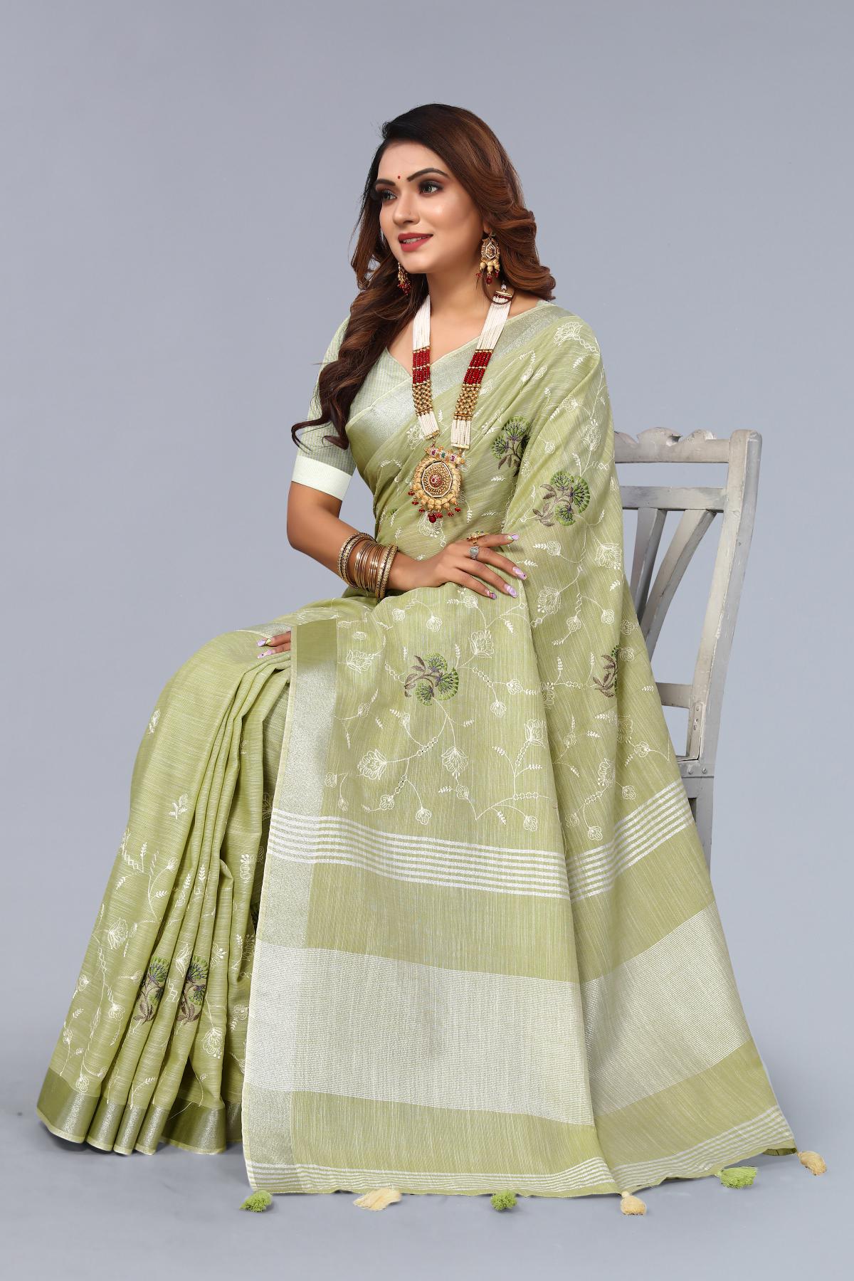 Green Cotton Linen Saree with Embroidery Work