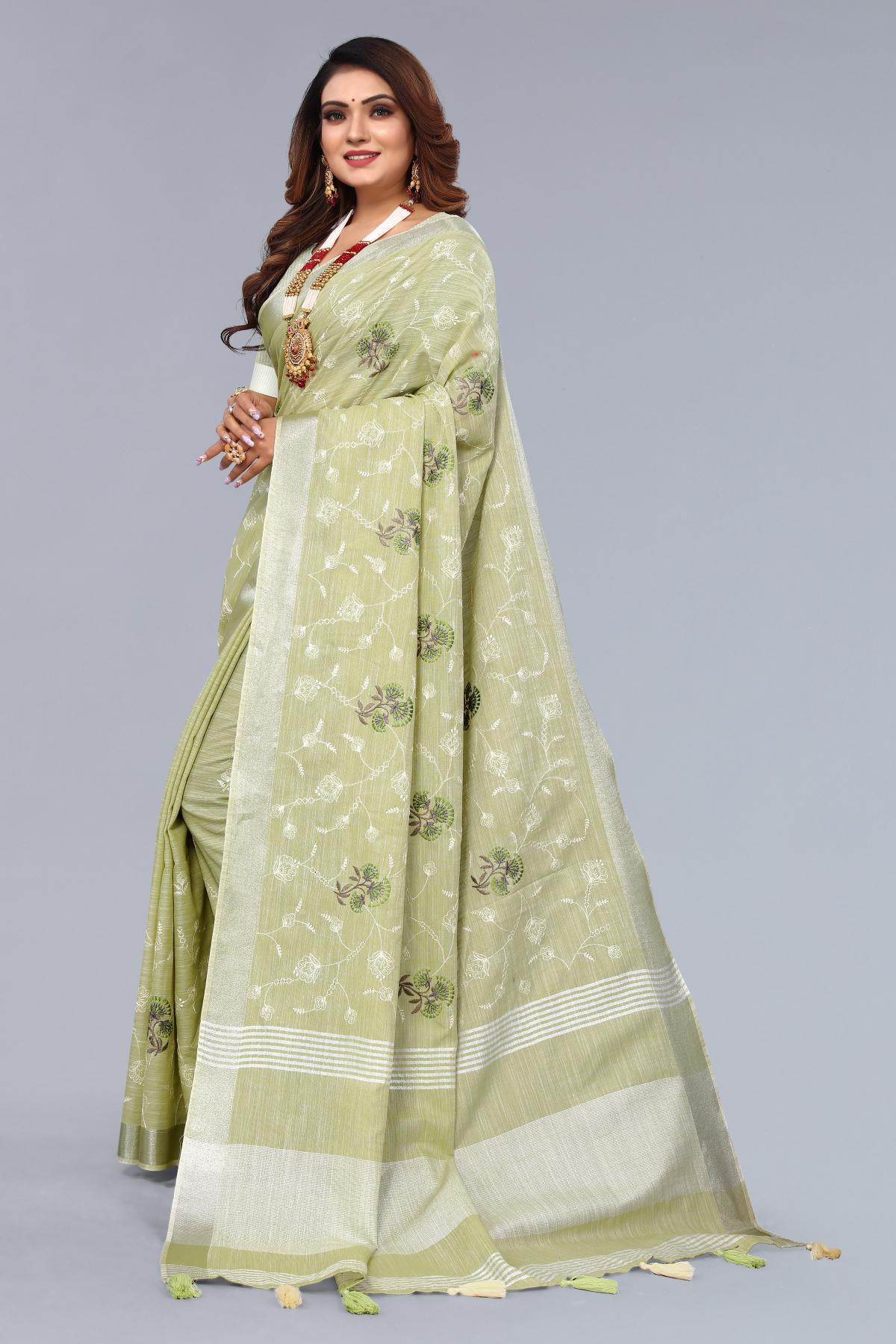 Green Linen Cotton Saree for Festive Occasions