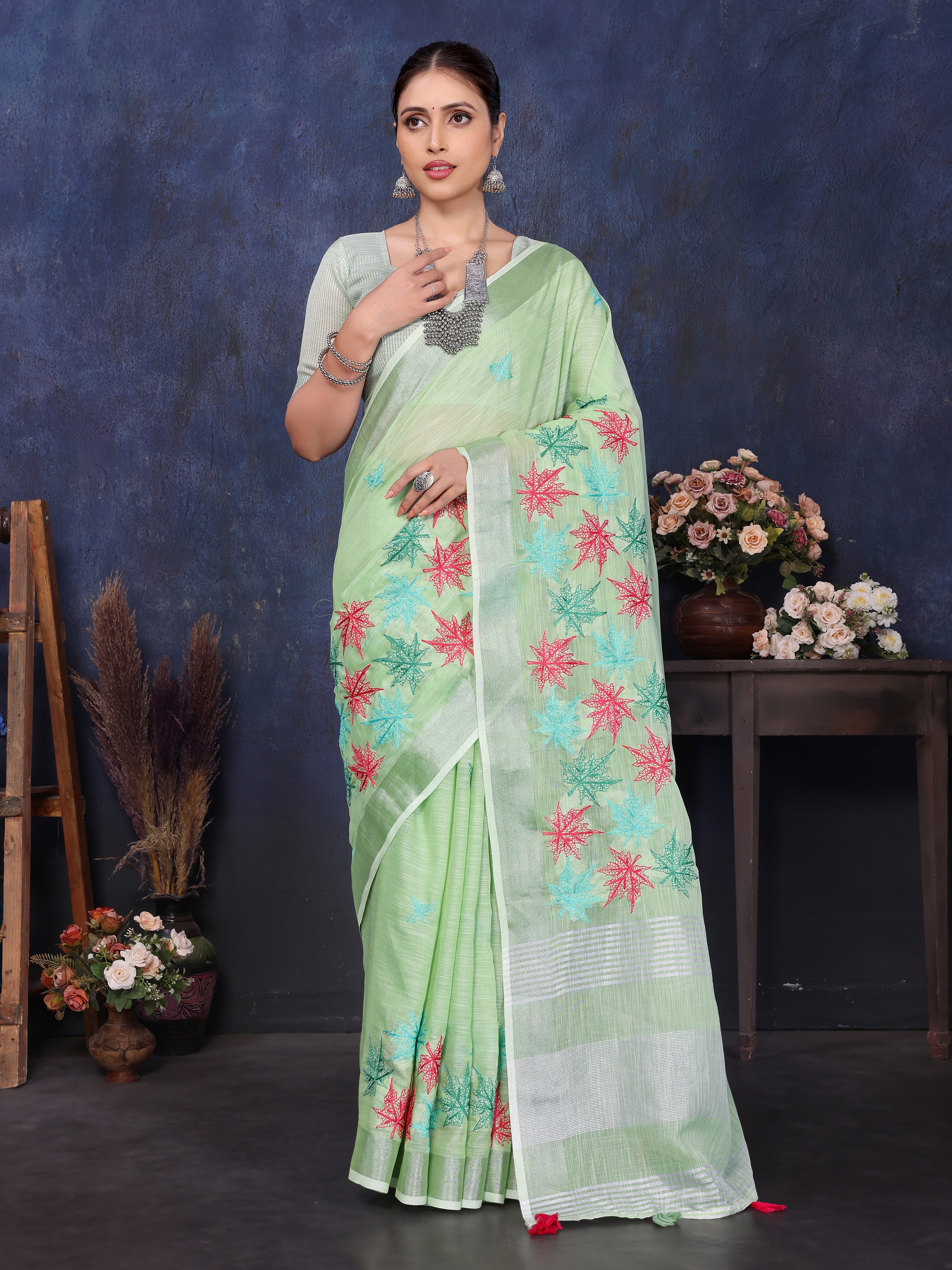 Green Linen Embroidery Work Saree With Thread Work 