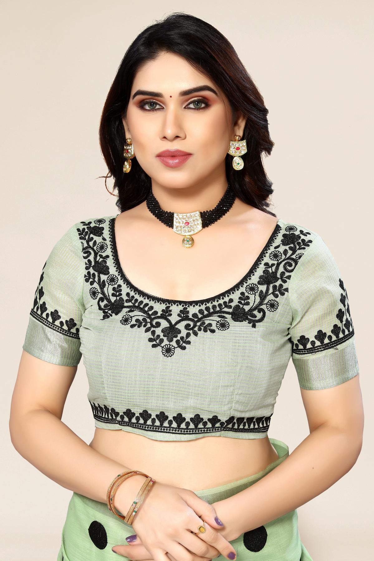 Green Linen Silk Saree With Embroidery Work Blouse