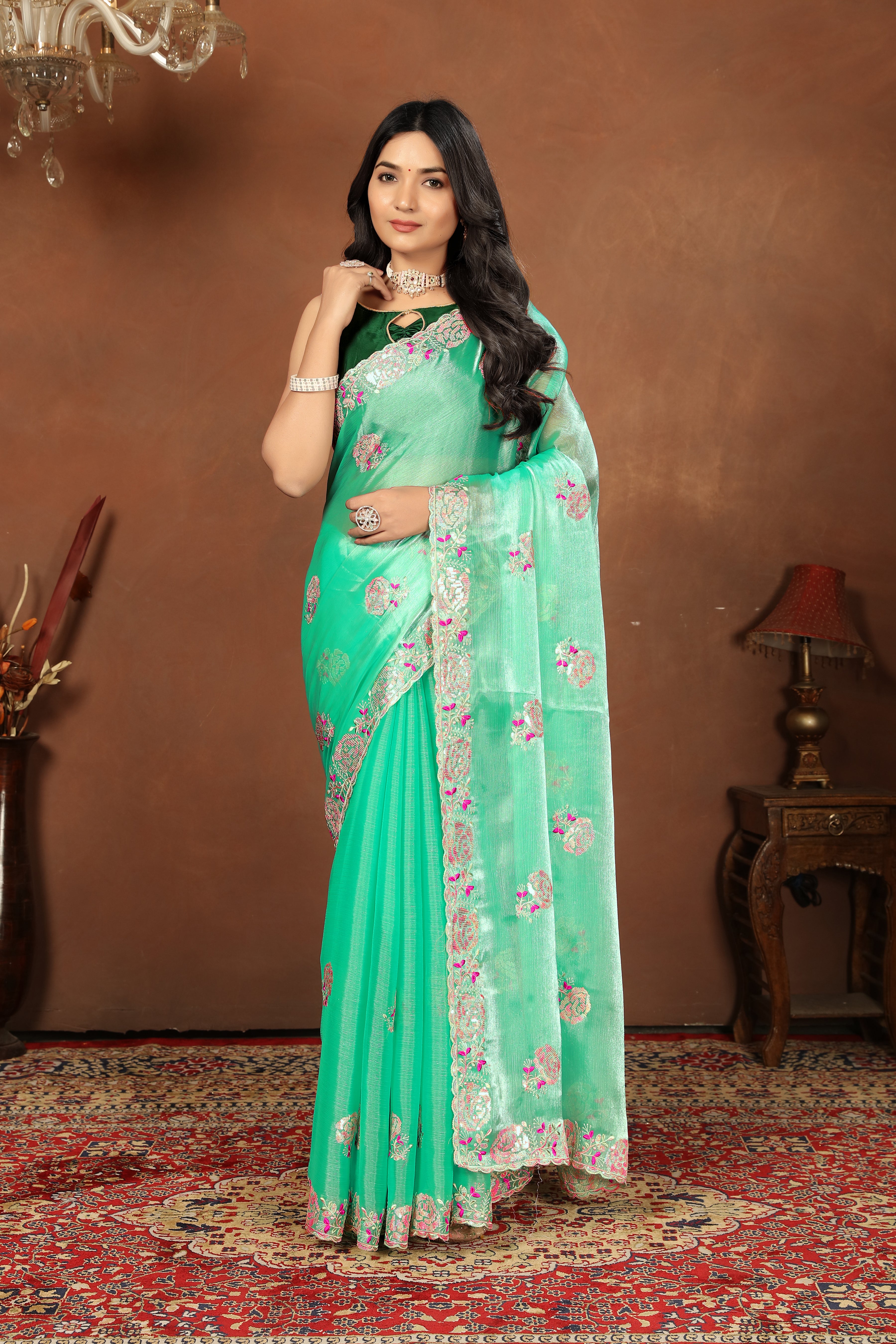 Green embroidered Jimmy Choo party wear saree