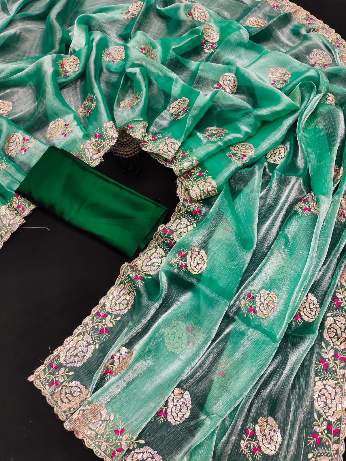 Green sequin embroidery saree for women
