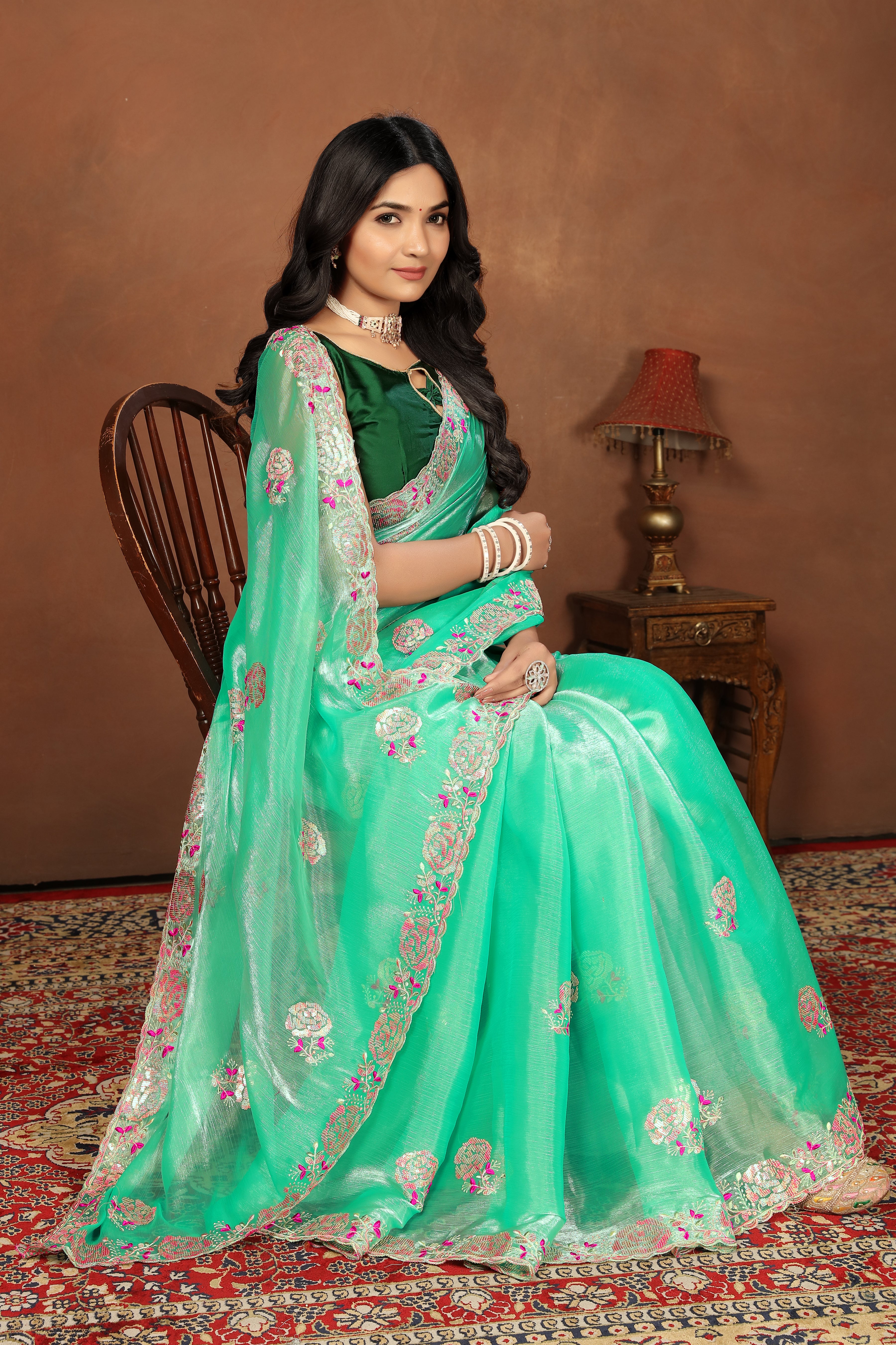 Green sequin embroidery saree with readymade blouse