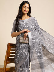 Grey Color Embroidered Linen Sarees For Women