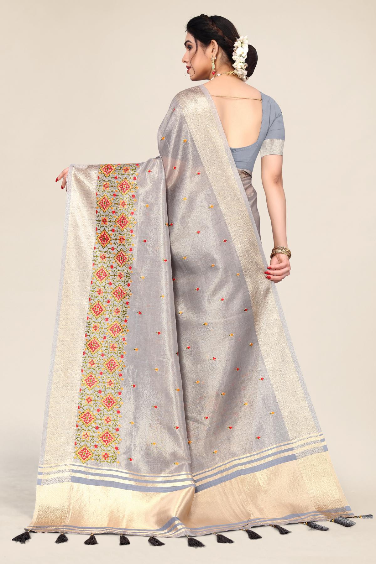 Grey Color Embroidery Silk Saree