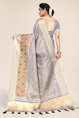 Grey Color Embroidery Silk Saree