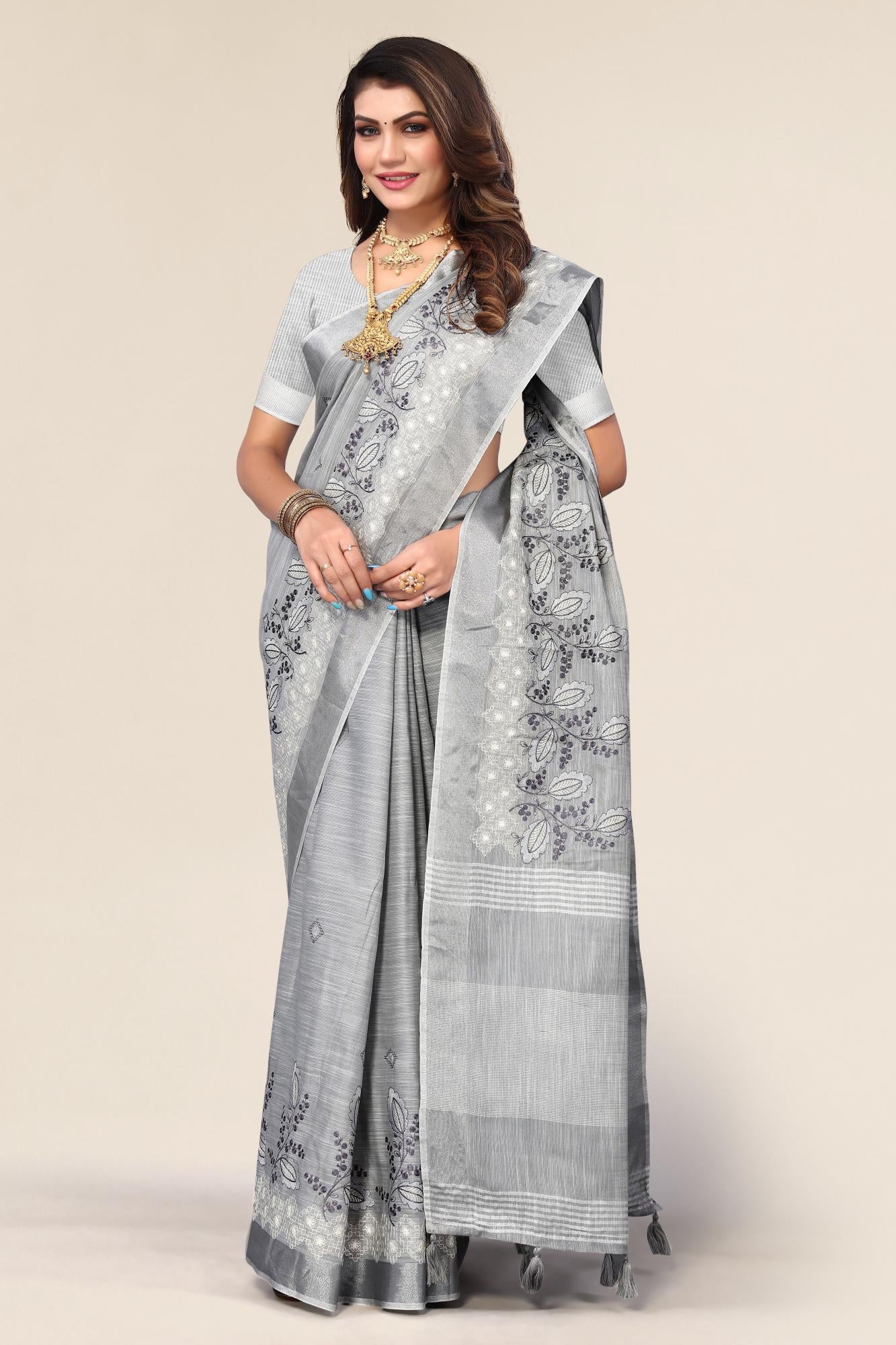 Grey Color Linen Cotton Embroidery Saree For Women