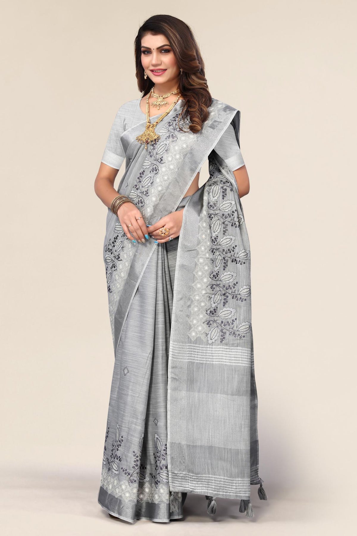 Grey Color Linen Cotton Embroidery Saree For Women