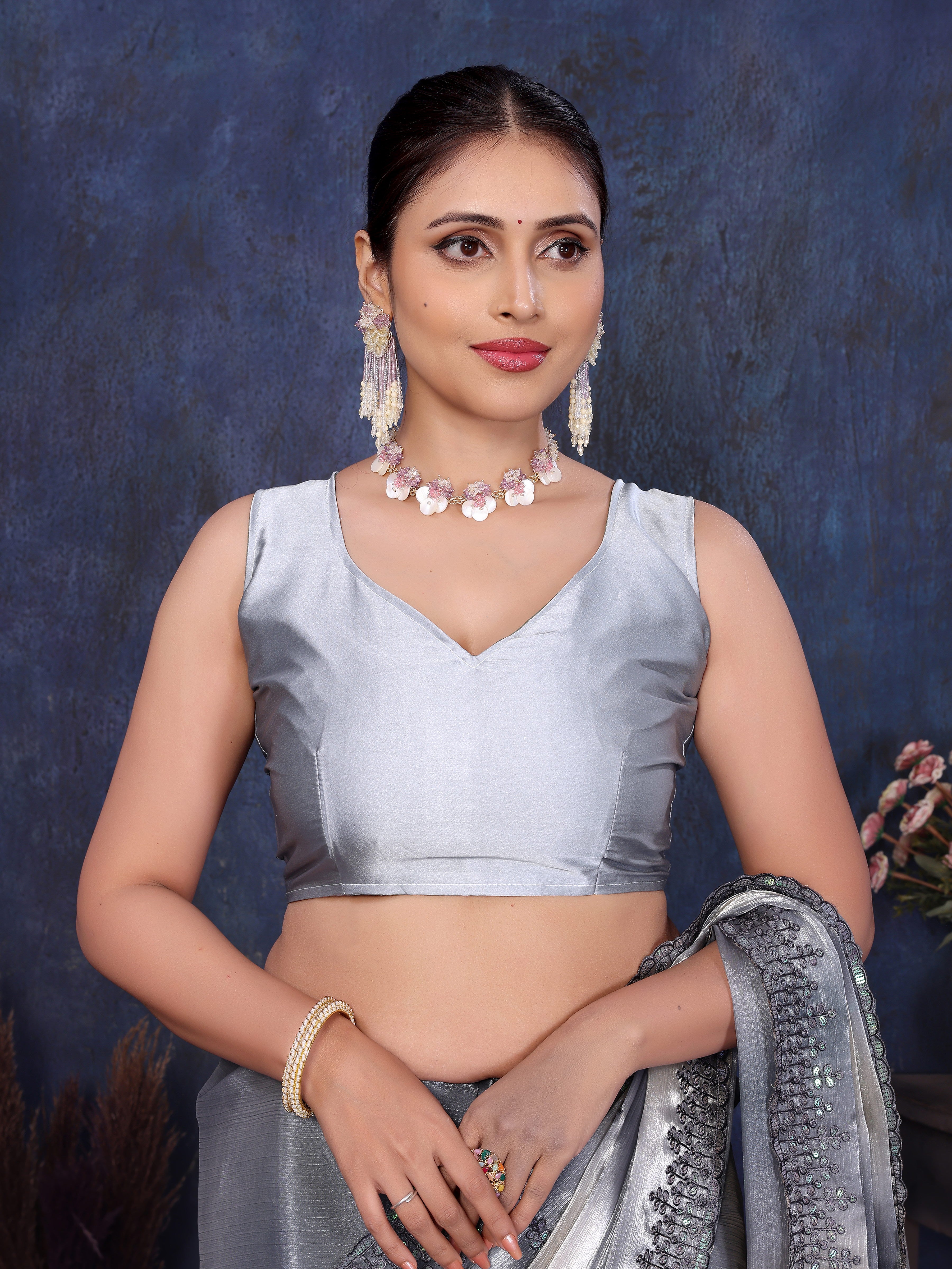 Grey Color sequence and thread work silk saree