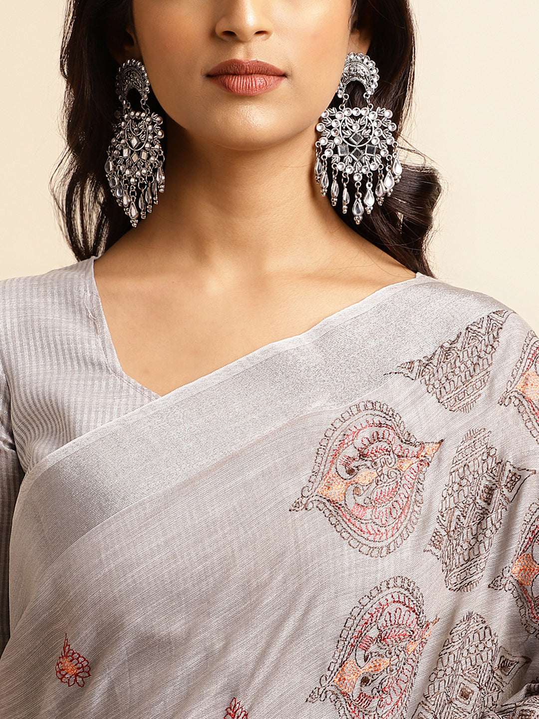 Grey Linen Cotton Embroidery Saree For Women
