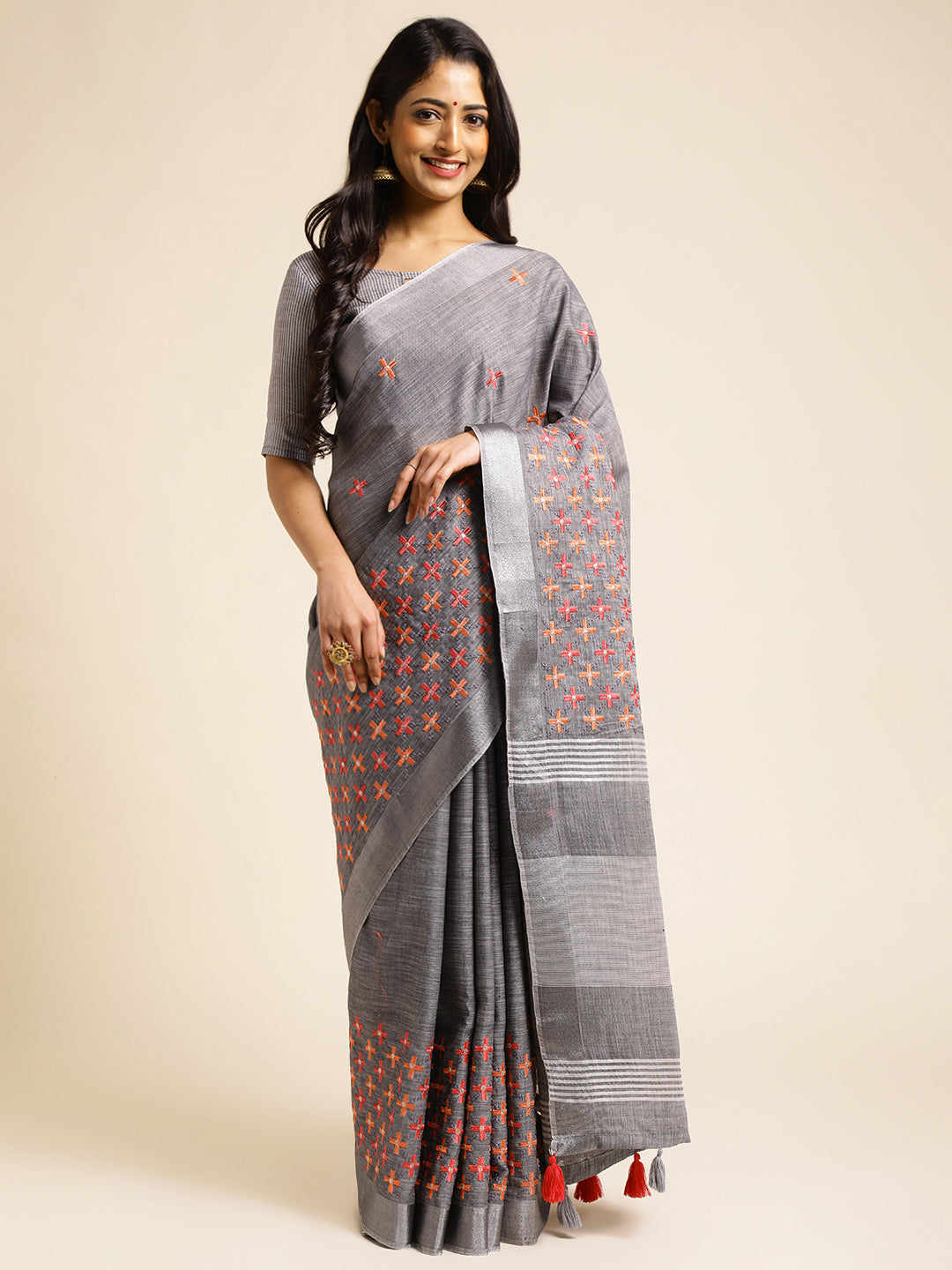 Grey Linen Cotton Saree With Floral Work