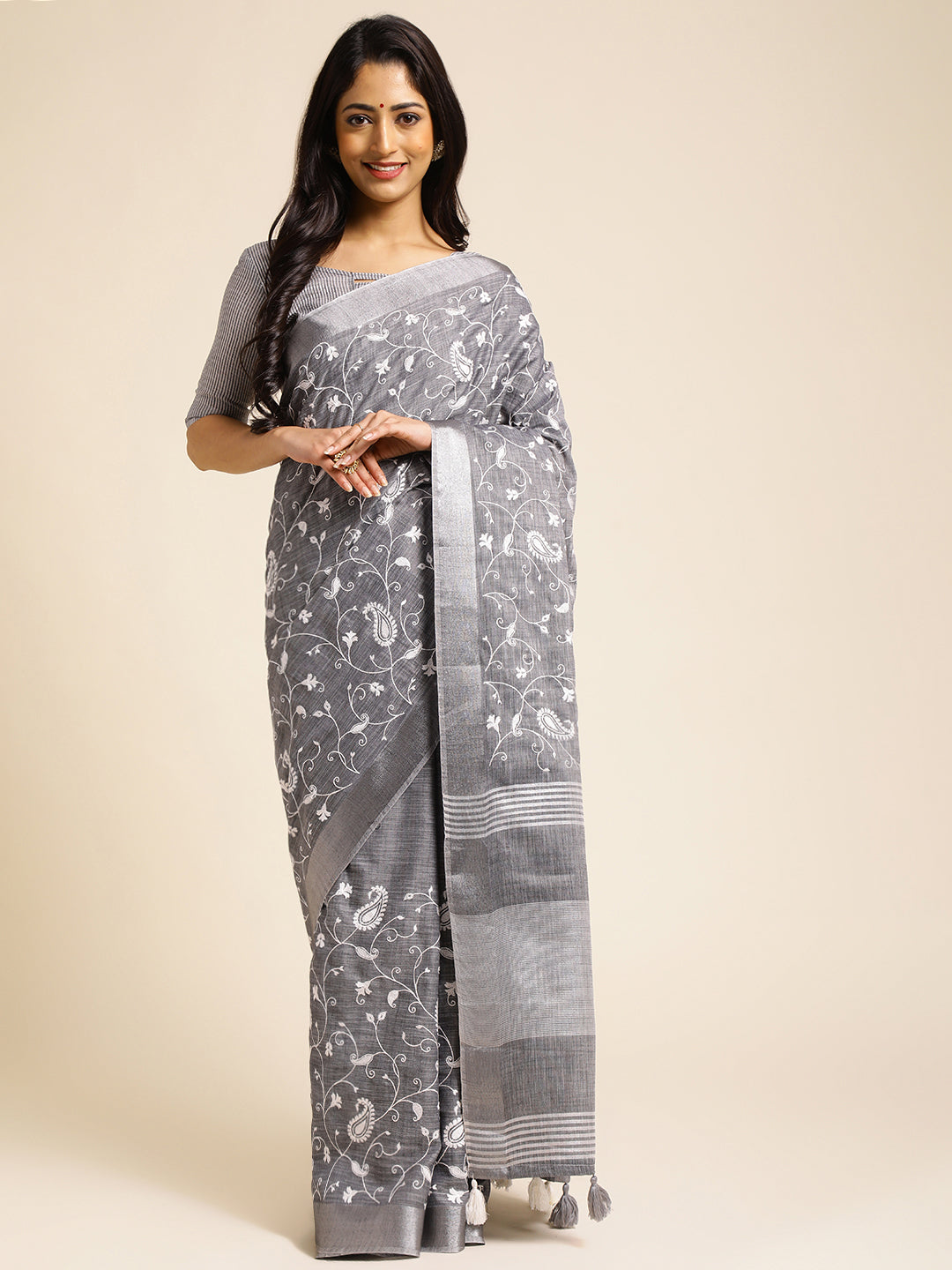 Grey color linen saree with floral embroidery For Women