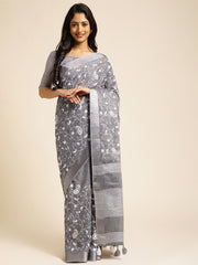 Grey color linen saree with floral embroidery For Women