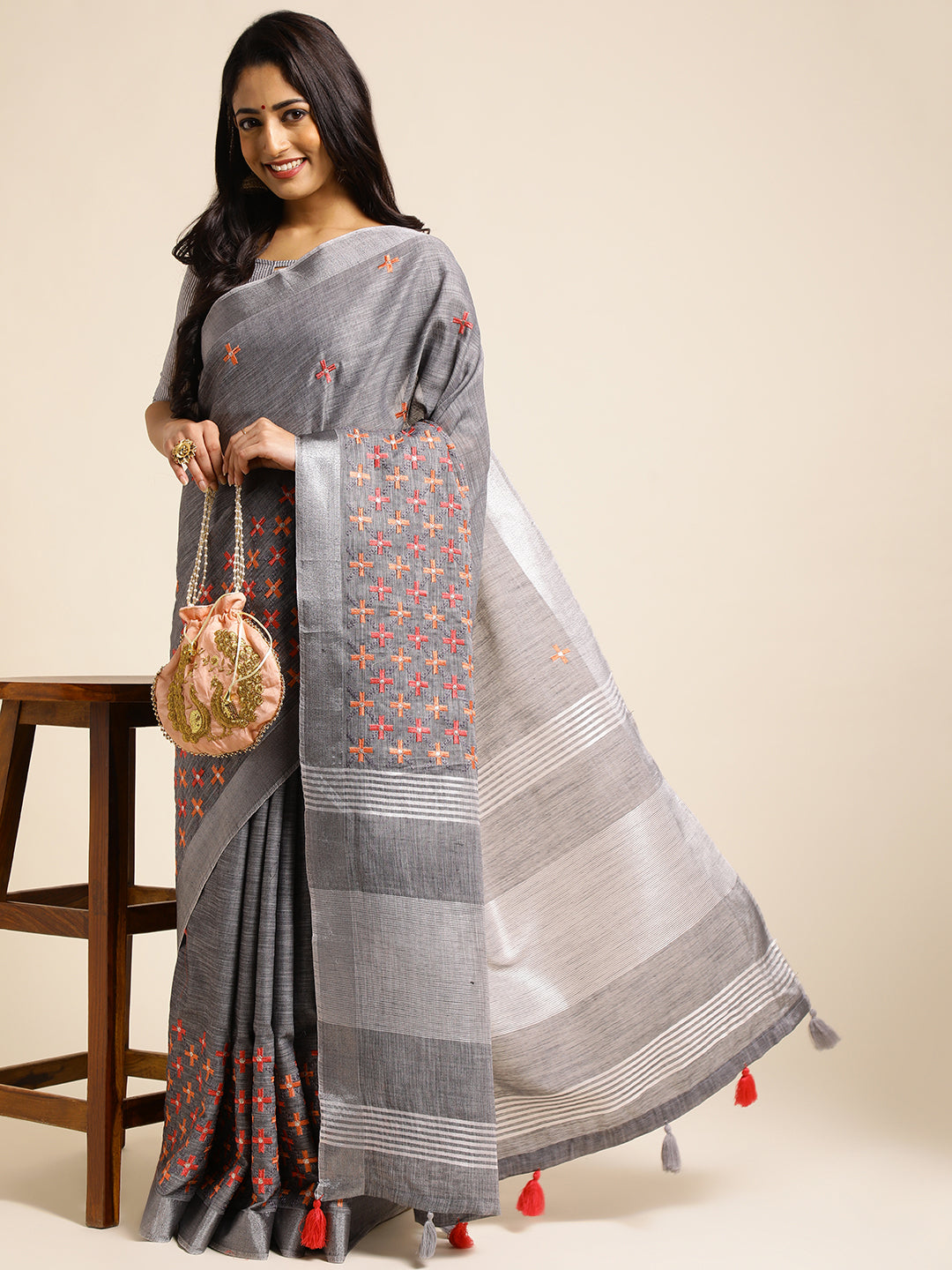 Grey floral embroidery linen saree