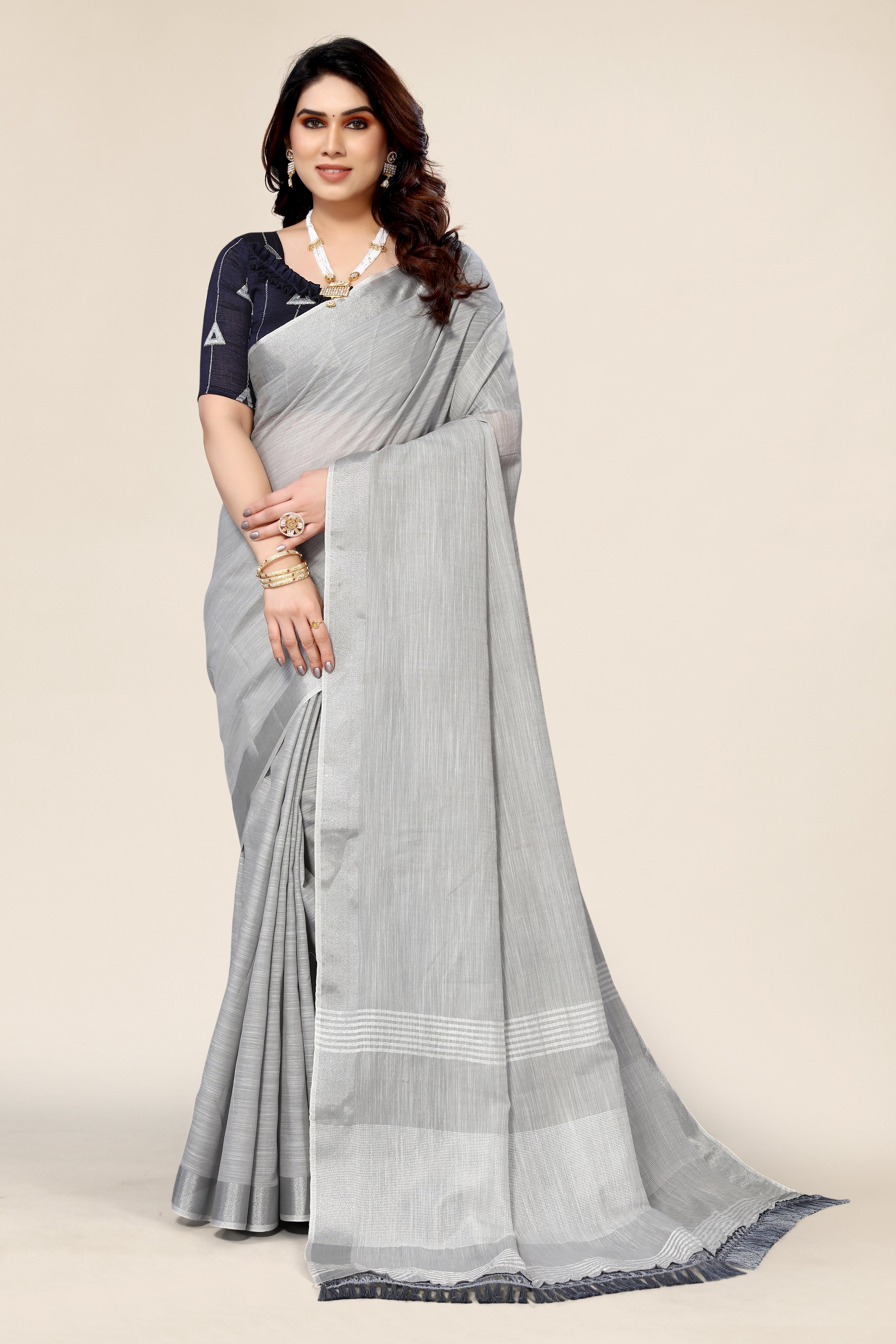 Grey linen saree with black contrast blouse