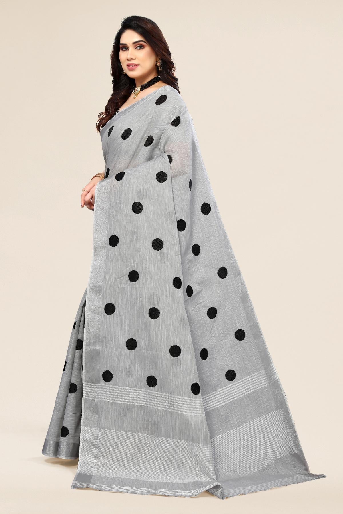 Grey linen saree with polka dot design