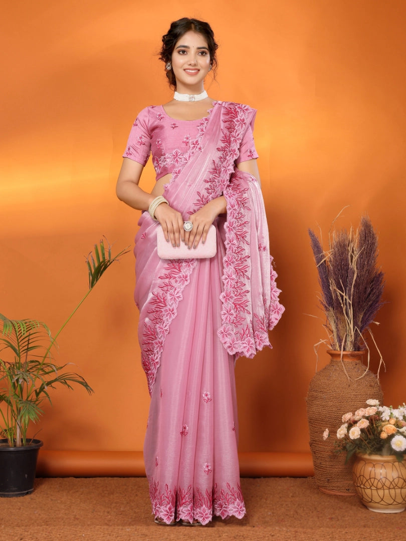 Pink Jimmy Choo Floral Embroidery Saree