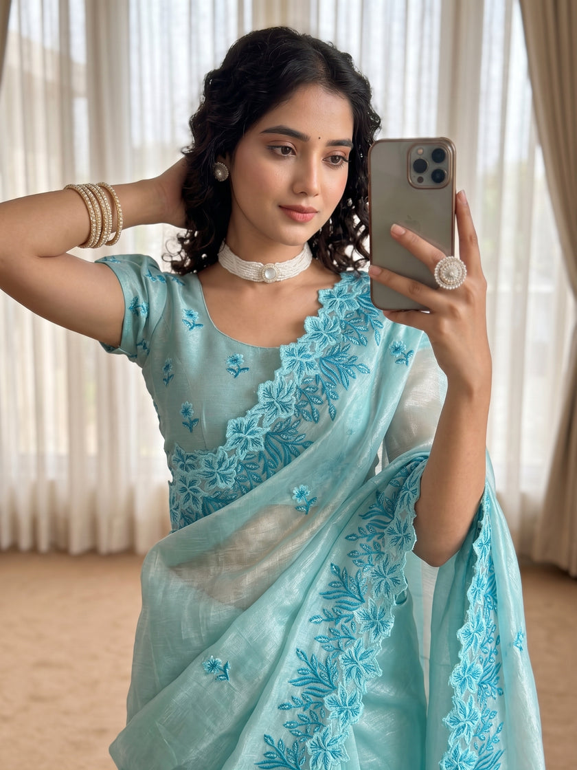 Blue Jimmy Choo Floral Embroidery Saree Styled By Arushi