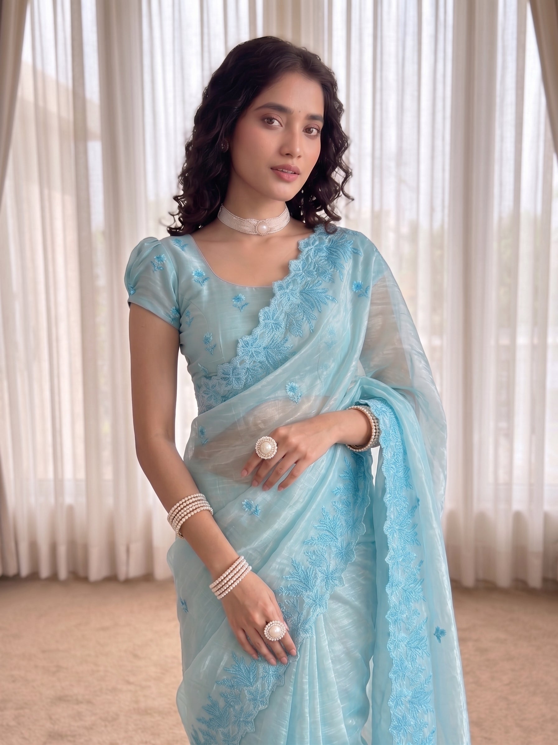 Blue Jimmy Choo Floral Embroidery Saree Styled By Arushi