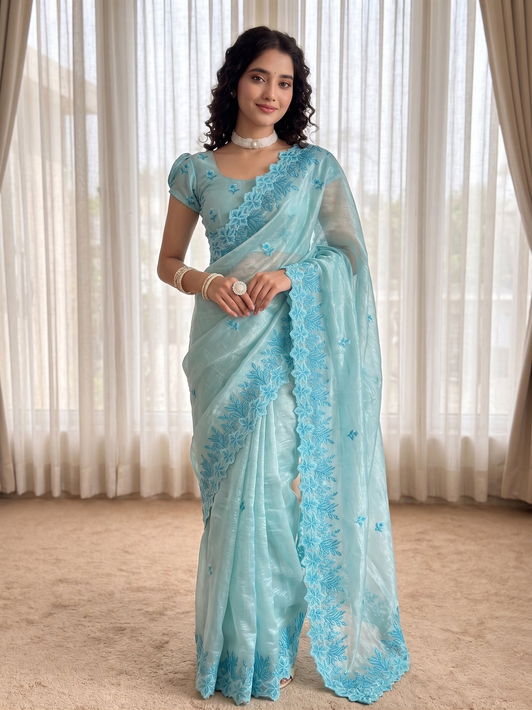 Blue Jimmy Choo Floral Embroidery Saree Styled By Arushi