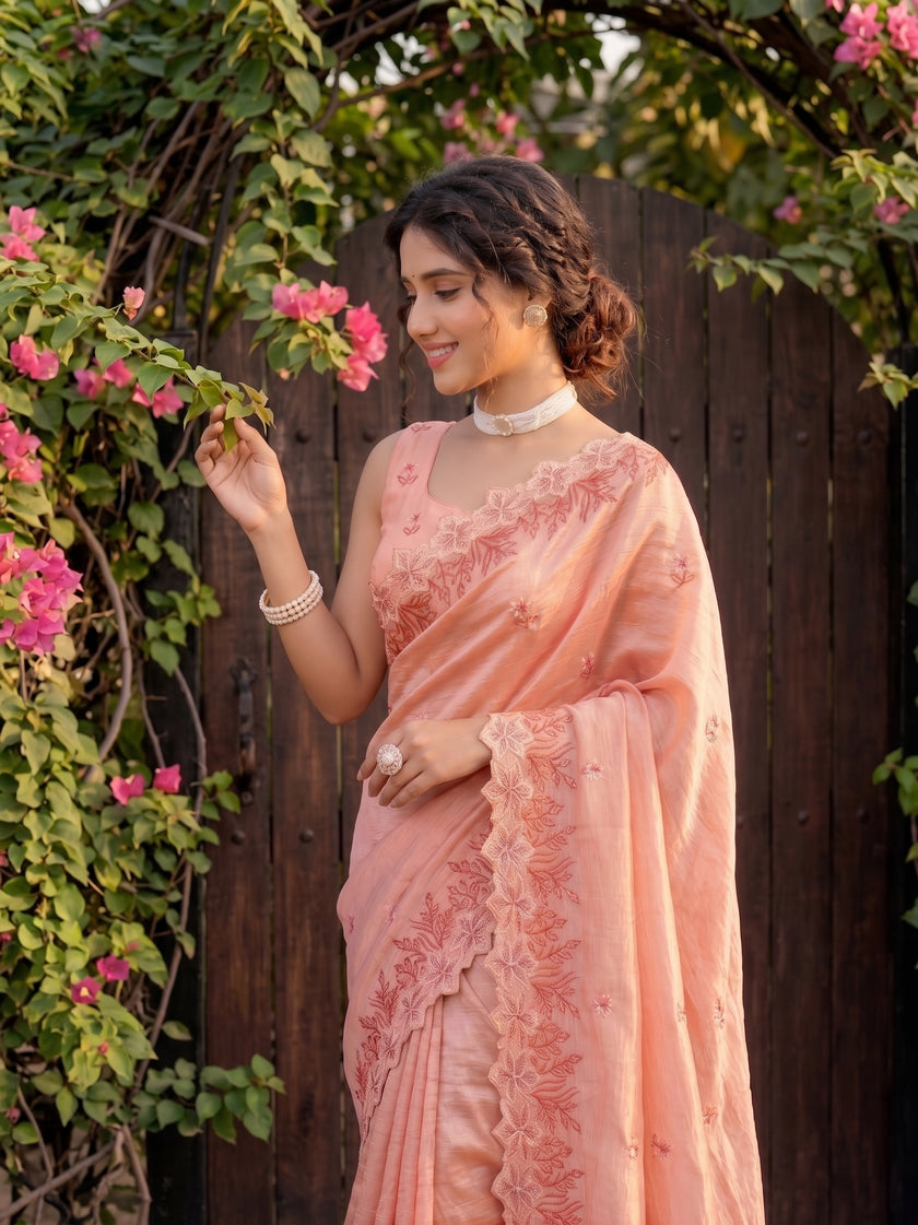 Orange Jimmy Choo Floral Embroidery Saree